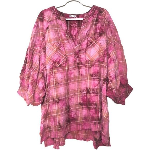 Anthropologie Plaid Oversized Fuchsia Pink Blouse - Picture 2 of 13